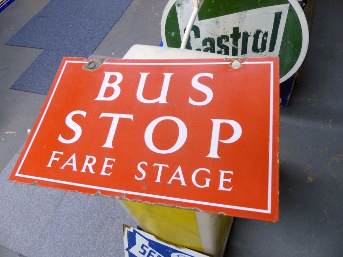A Bus Stop sign ORIGINAL ENAMEL double sided 19 x 12 STUNNER 