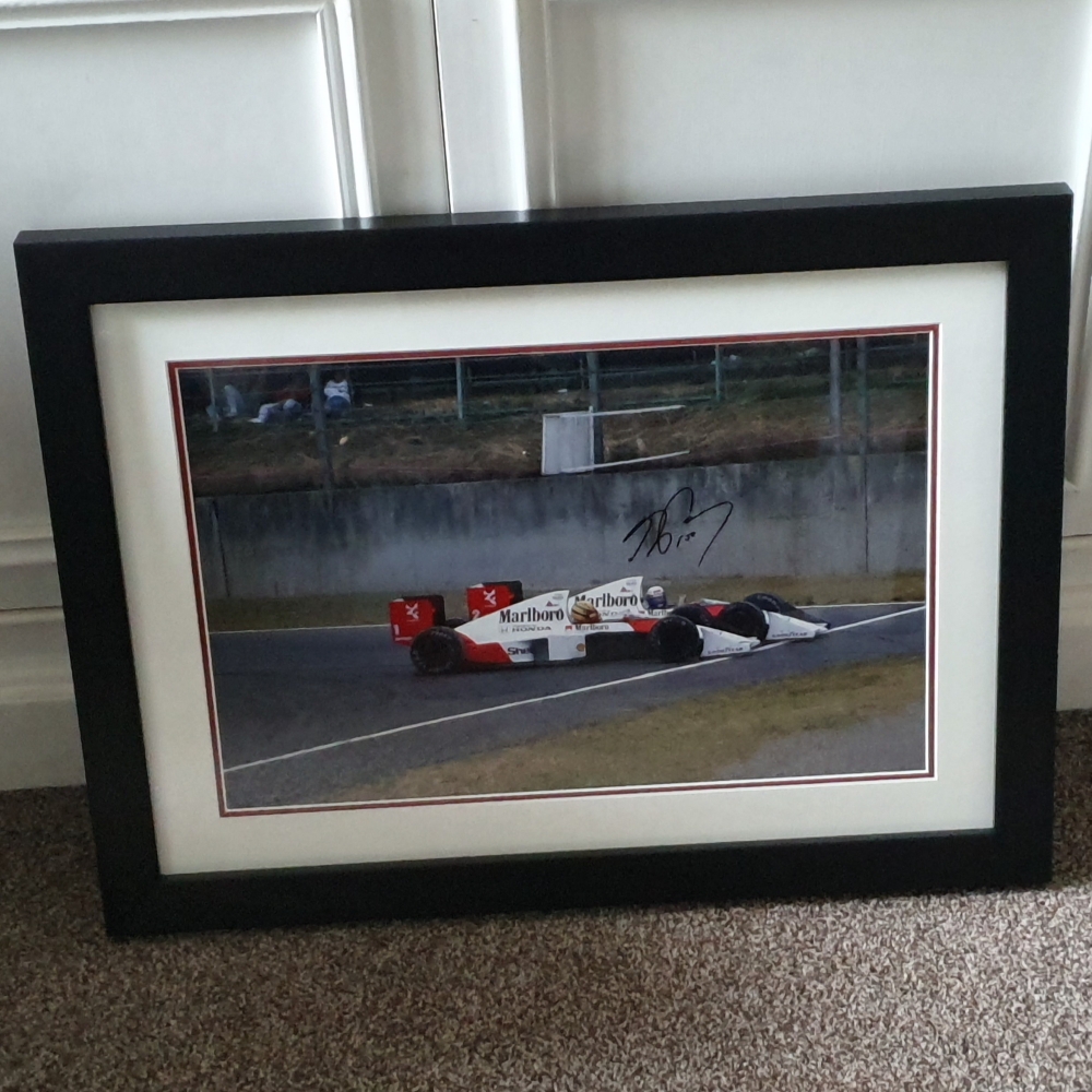 SENNA and PROST print signed by Prost framed 24 x 18 inch 