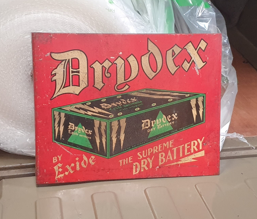 Drydex battery sign WHAT A CRACKER double sided tin sign with bracket 