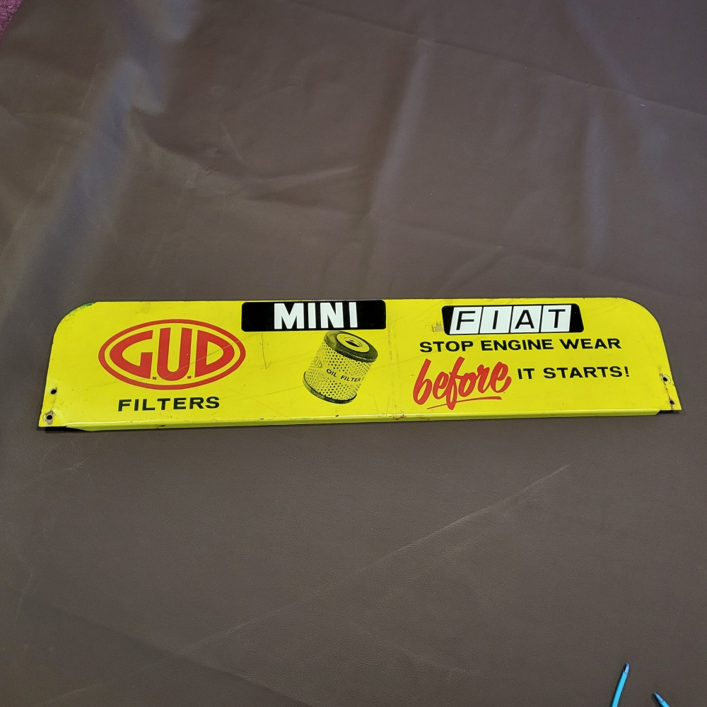 A GUD filters tin sign 29 x 6 inches 