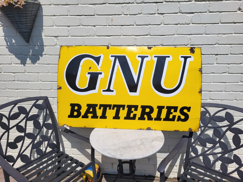 GNU Batteries sign ENAMEL original 48 x 30 inches SUPERB ! 