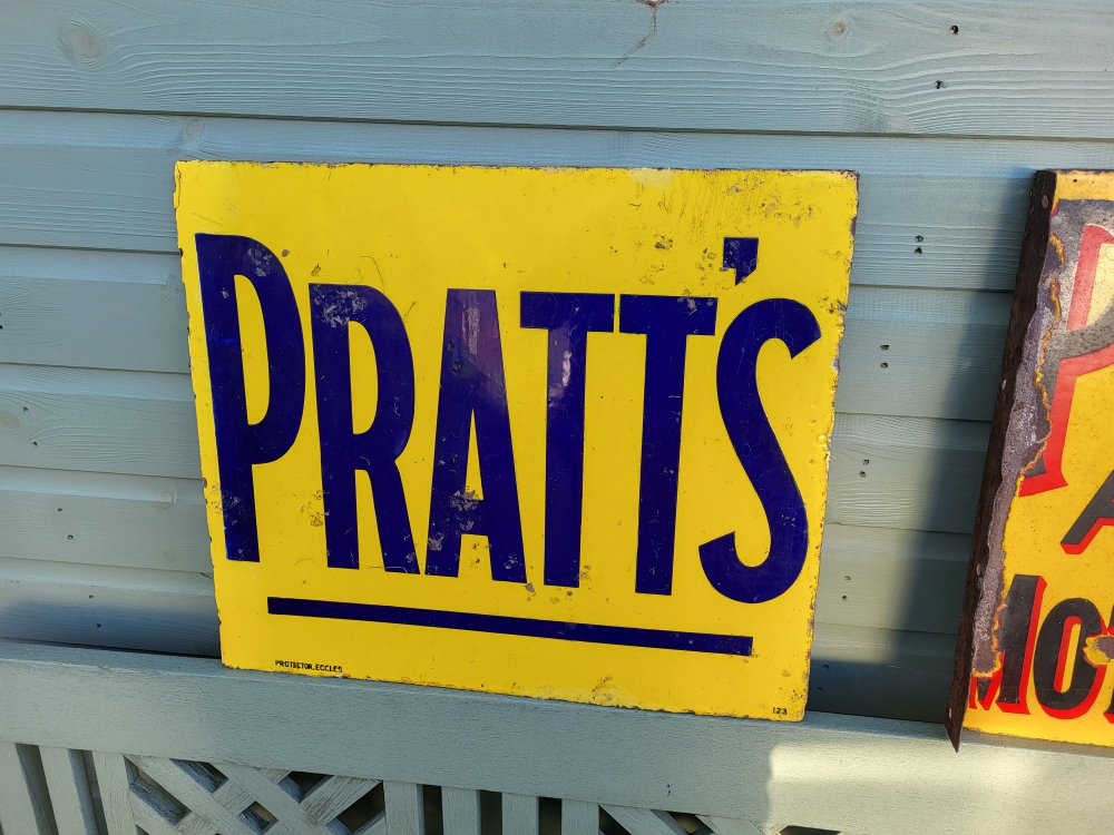 PRATTS double sided ORIGINAL enamel sign GRAB A BARGAIN need flange welding 