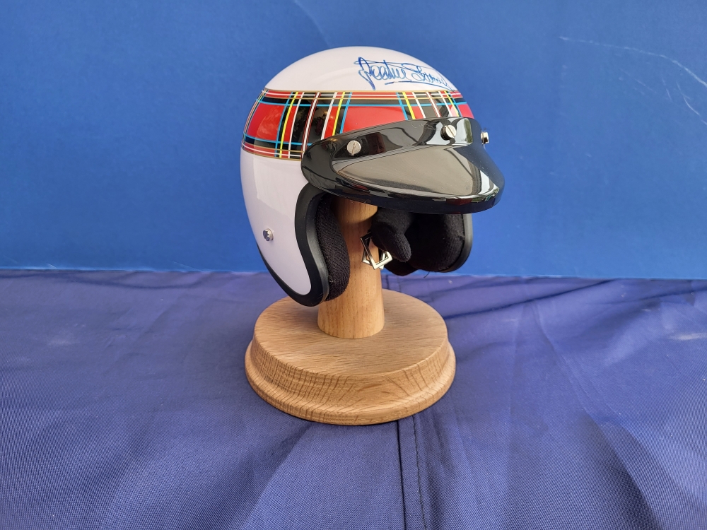 Sir Jackie Stewart 1/2 sized scale helmet SIGNED on Oak stand 