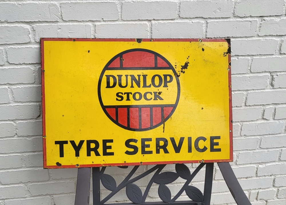 DUNLOP enamel ORIGINAL sign 30x20 inch Great patina 