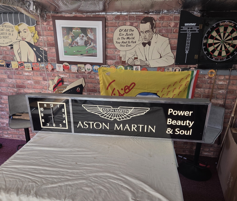 ASTON MARTIN Lightbox with clock ! Great display item 61 x 15 inch app